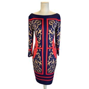 Cache Bodycon Sheath Dress Baroque Navy Red Women’s Medium Boat Neck Geometric